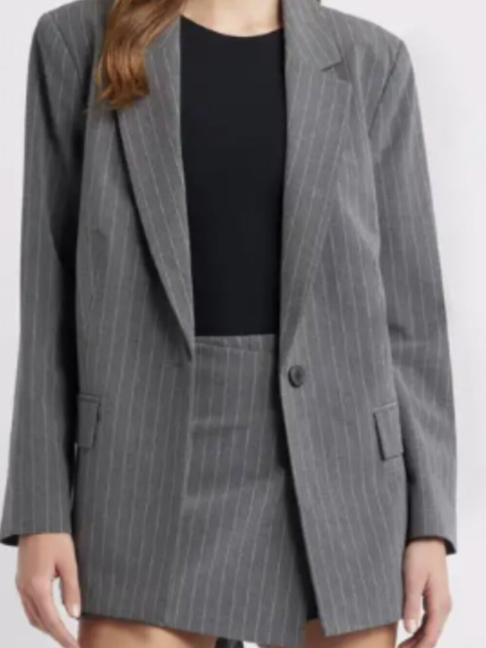 Blazer/Skirt Set, Open Edit XXS Grey Pinstripe